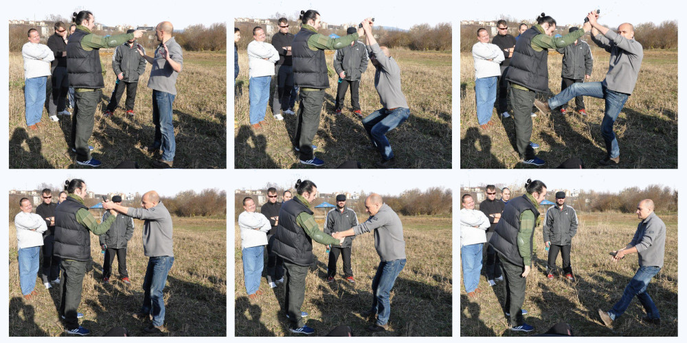 Apărarea la amenințarea cu pistolul la cap, din față