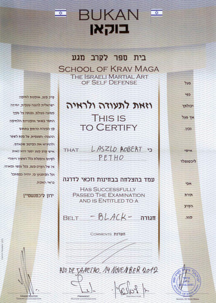 Diploma pentru centura neagră acordată de Yaron Lichtenstein în noiembrie 2012, în Rio de Janeiro, Brazilia.