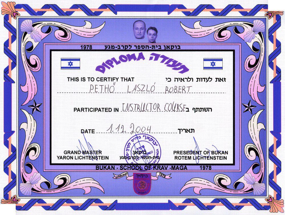 Diploma de instructor acordată în decembrie 2004 de către Yaron Lichtenstein, după 2 ani de pregătire cu Onn Chen.
