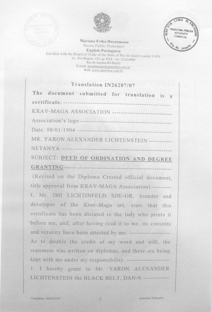 Diploma pentru centura neagră 9 DAN și titlul de Great Krav-Maga Master